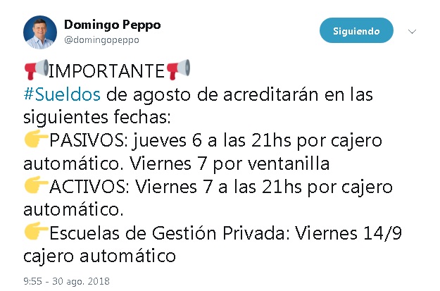 PEPPO CONFIRMÓ EL PAGO DE HABERES PARA 6 Y 7 DE SEPTIEMBRE