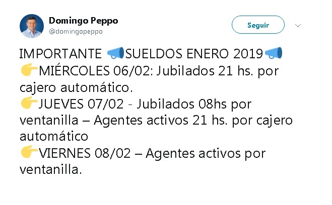 PEPPO CONFIRMÓ EL PAGO DE HABERES PARA EL 6 Y 7 DE FEBRERO