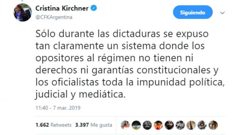 Cristina Kirchner cuestionó el funcionamiento de la Justicia «Los opositores no tienen ni derechos ni garantías»