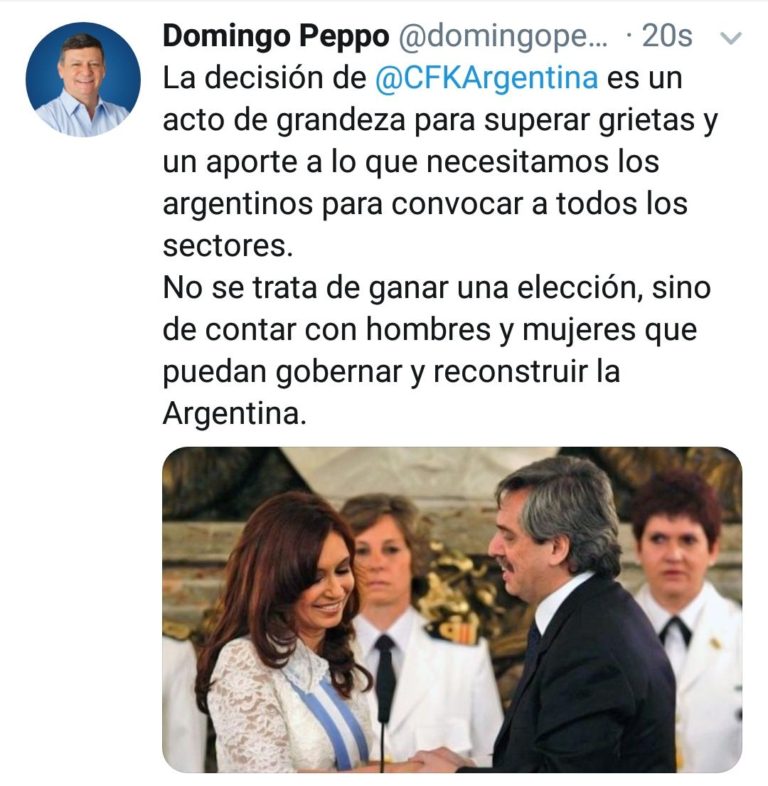 PEPPO: «LA DECISIÓN DE CRISTINA ES UN ACTO DE GRANDEZA QUE CONTRIBUYE A SUPERAR GRIETAS»