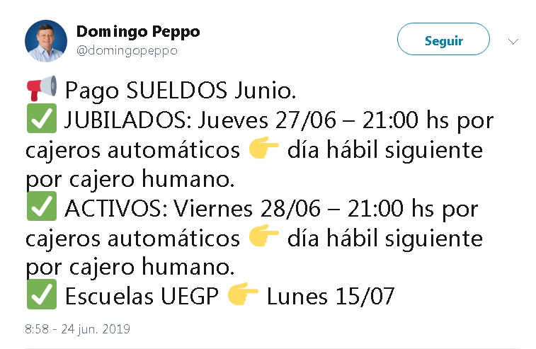 PEPPO CONFIRMÓ EL PAGO DE HABERES PARA ESTE JUEVES Y VIERNES
