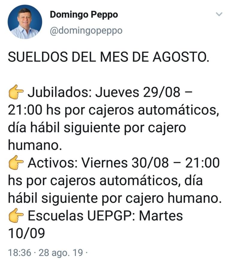 PEPPO CONFIRMÓ EL PAGO DE HABERES PARA EL JUEVES Y VIERNES