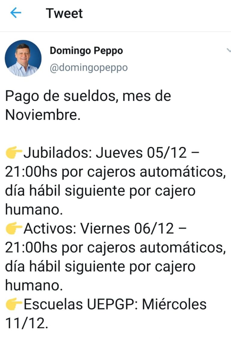 PEPPO CONFIRMÓ EL PAGO DE HABERES PARA EL JUEVES 5 Y VIERNES 6