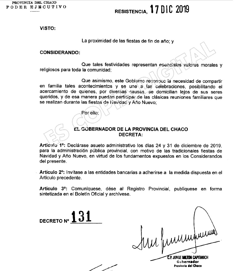 EL GOBERNADOR DECRETÓ ASUETO ADMINISTRATIVO PARA EL 24 Y 31 DE DICIEMBRE