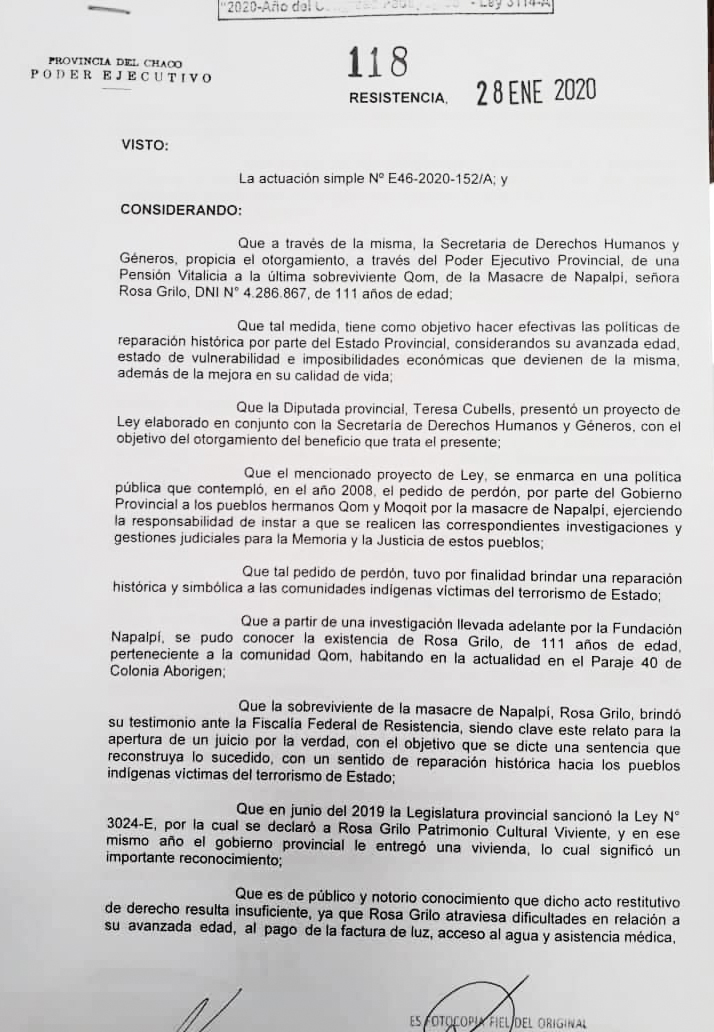 RESTITUCIÓN DE DERECHOS: EL GOBIERNO OTORGÓ UNA PENSIÓN VITALICIA A LA ÚLTIMA SOBREVIVIENTE DE LA MASACRE DE NAPALPÍ