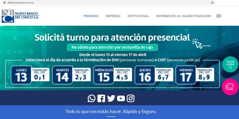 Nuevo Banco del Chaco: comienza la atención presencial por turnos para gestiones de productos y servicios, en horario extendido