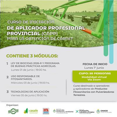 AMBIENTE: COMENZÓ EL CURSO VIRTUAL DE INICIACIÓN DE APLICADOR PROFESIONAL DE PRODUCTOS FITOSANITARIOS