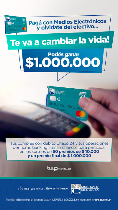 Nuevo Banco del Chaco sortea $ 1.500.000 para quienes compran con débito Chaco 24 y operan en home banking