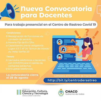 EDUCACIÓN: EL CENTRO DE RASTREO COVID-19 CONVOCA A DOCENTES