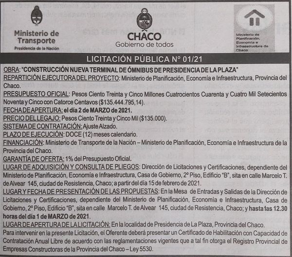 LICITACION PUBLICA DE LA NUEVA TERMINAL DE OMNIBUS PARA PLAZA