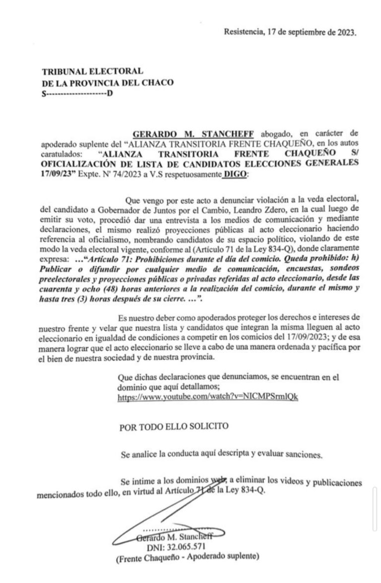 El Frente Chaqueño denunció a Zdero por violar la veda electoral