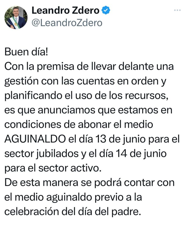 EL GOBERNADOR ZDERO ANUNCIÓ EL PAGO DEL AGUINALDO