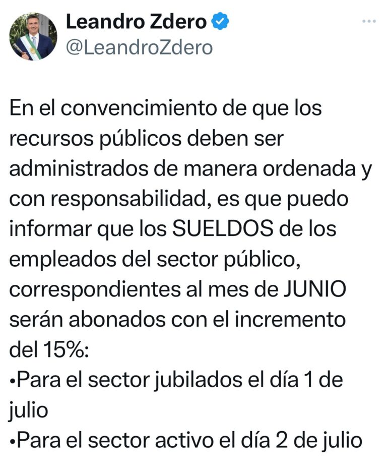 EL GOBERNADOR ZDERO ANUNCIÓ EL CRONOGRAMA DE PAGOS DEL MES DE JUNIO