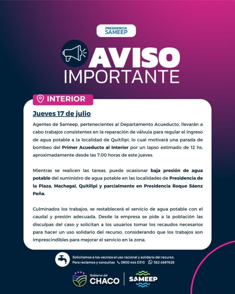 ESTE JUEVES 17: TRABAJOS DE REPARACIÓN