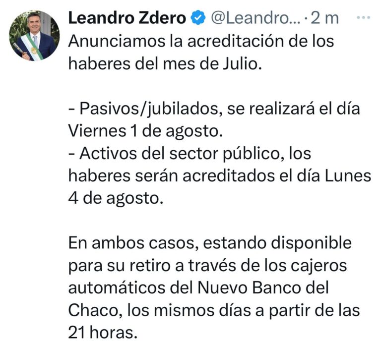 EL GOBIERNO PROVINCIAL ANUNCIÓ EL PAGO DE SUELDOS DE JULIO