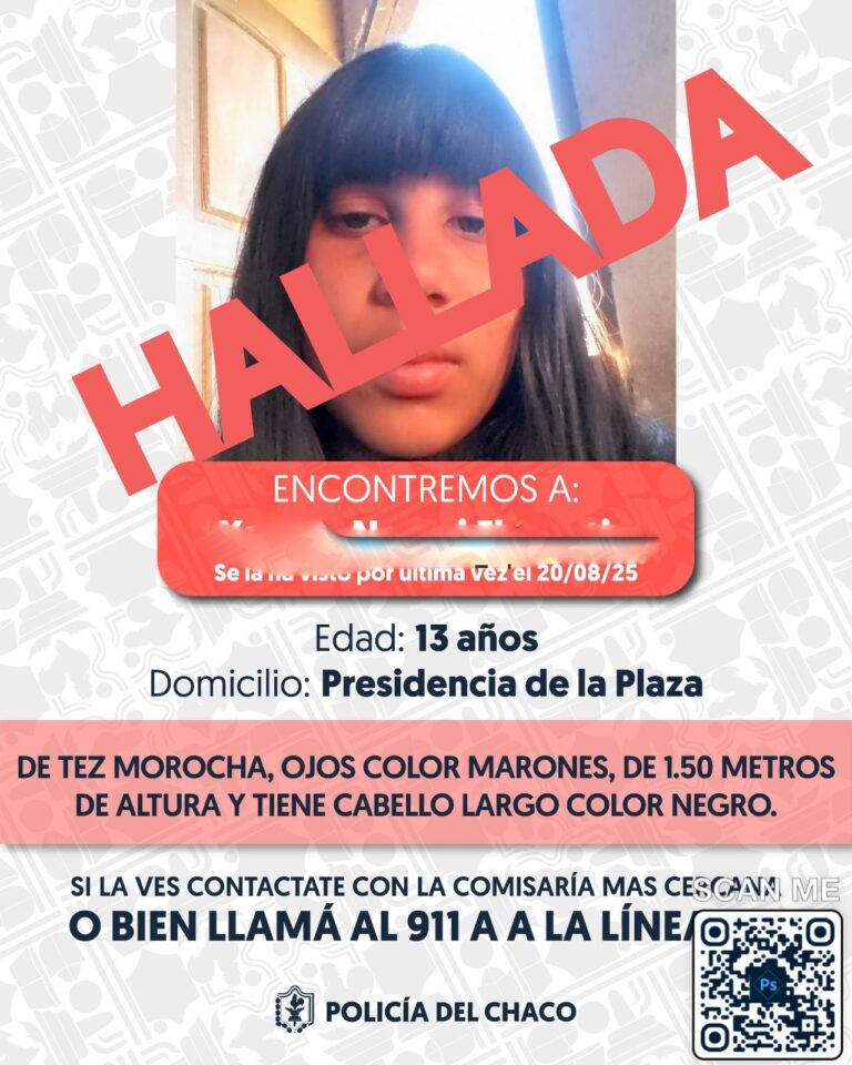 APARECIÓ SANA Y SALVA LA MENOR QUE SE BUSCABA INTENSAMENTE EN PRESIDENCIA DE LA PLAZA