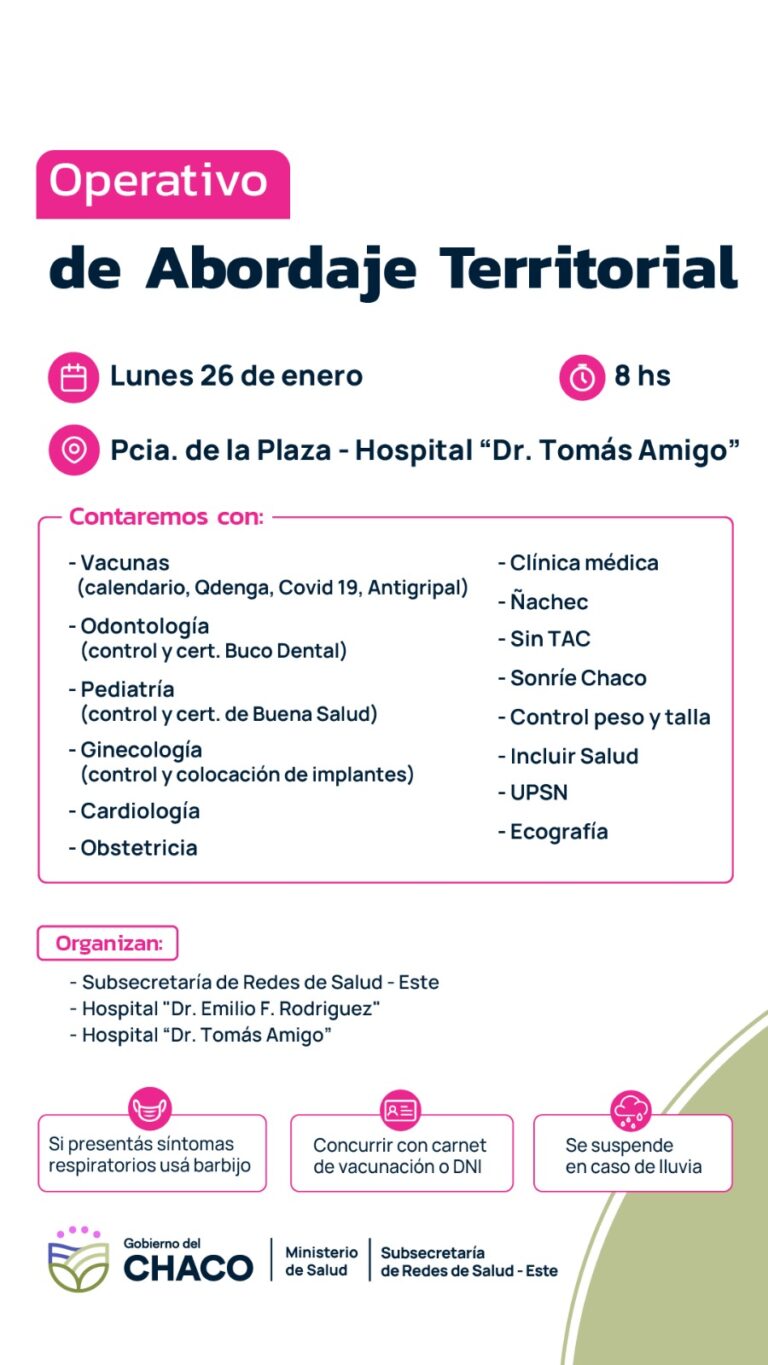 EL LUNES 26: NUEVO OPERATIVO DE ABORDAJE TERRITORIAL DE SALUD EN PRESIDENCIA DE LA PLAZA