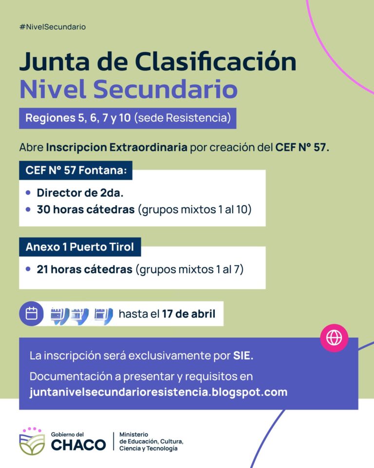 EDUCACIÓN INSCRIPCIÓN ABIERTA PARA CARGOS Y HORAS CÁTEDRA EN EL CEF N° 57